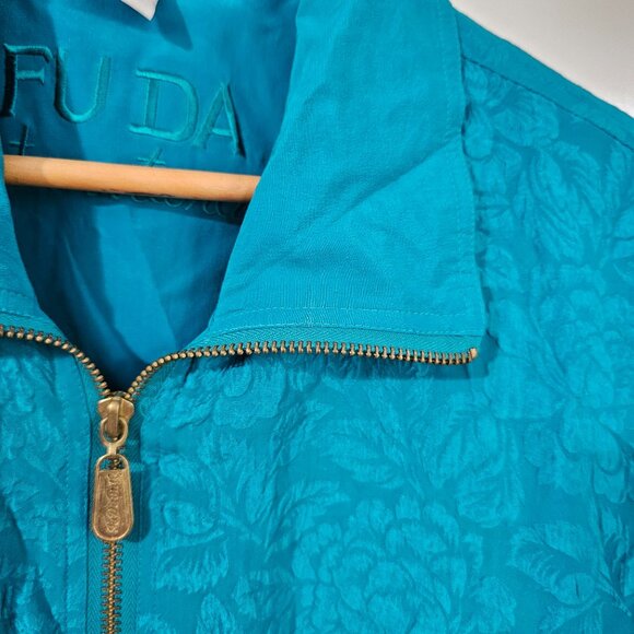 Vintage Fu Da Silk XL Teal Blue Silk Nylon Jacket Zip & Button Pockets ~JA106.13 - Picture 3 of 10